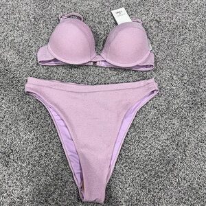 NWT! Sunday Brunch 2 Piece Bikini Shimmer Padded Underwired Pink Swimsuit Medium